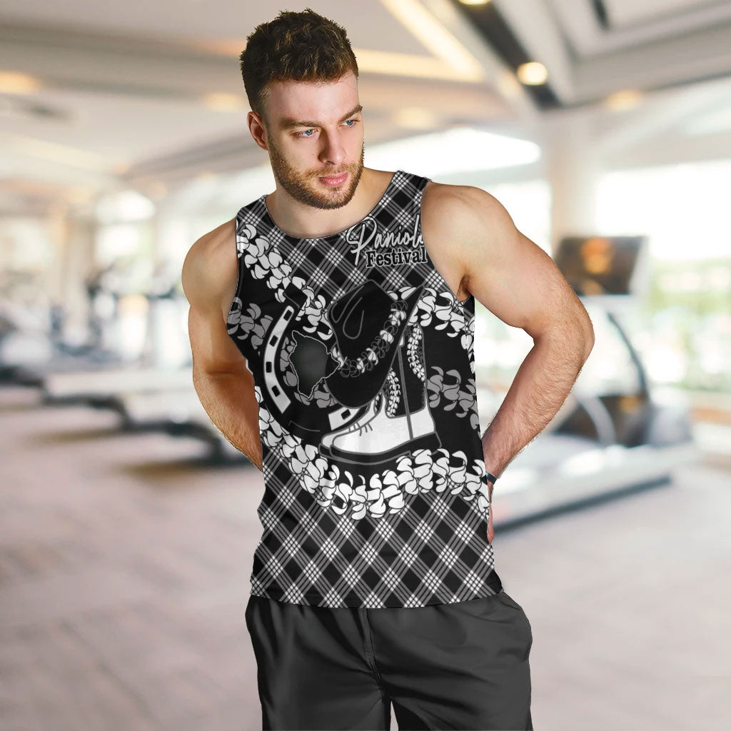 Eleele Hawaii Cowboy Palaka Motifs Personalised Men Tank Top Paniolo Festival Puakenikeni Lei LT14 Black - Polynesian Pride