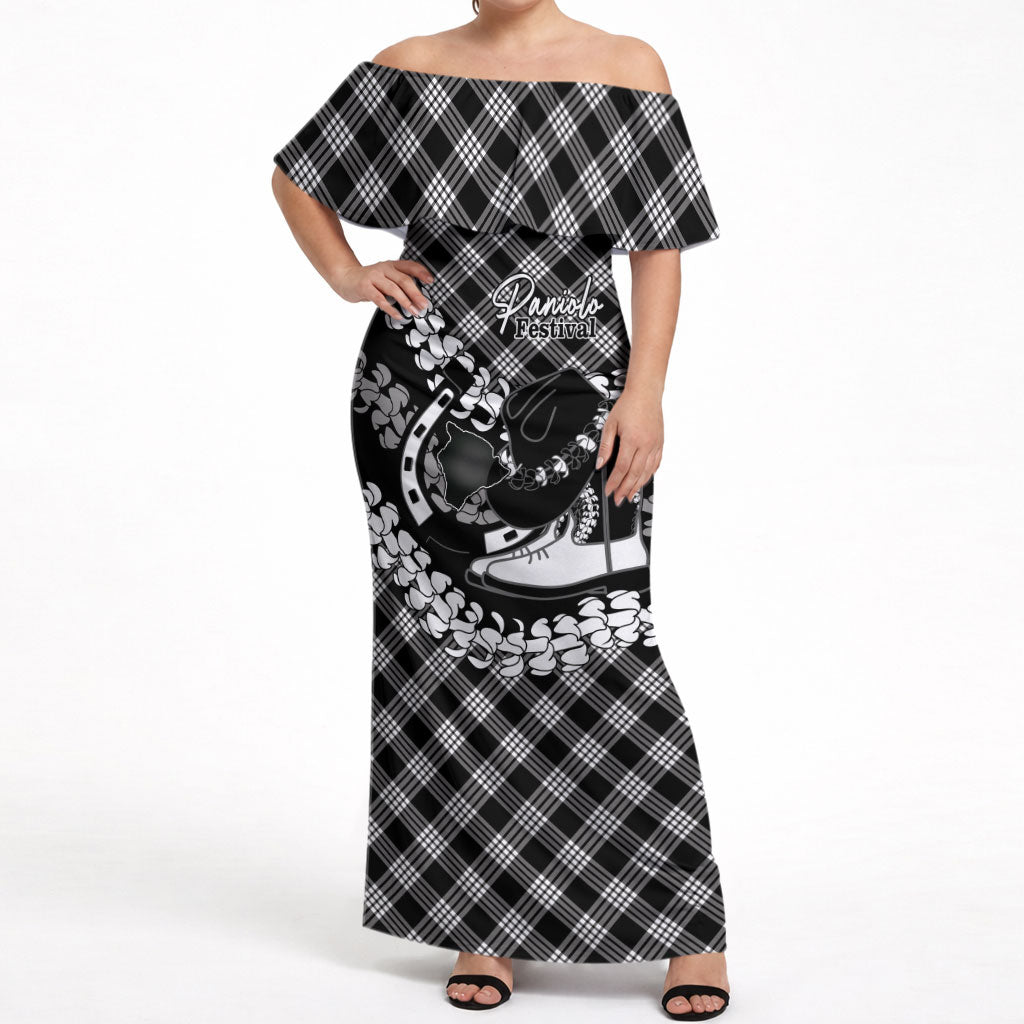 Eleele Hawaii Cowboy Palaka Motifs Personalised Off Shoulder Maxi Dress Paniolo Festival Puakenikeni Lei LT14 Women Black - Polynesian Pride