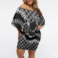 Eleele Hawaii Cowboy Palaka Motifs Personalised Off Shoulder Short Dress Paniolo Festival Puakenikeni Lei LT14 Women Black - Polynesian Pride