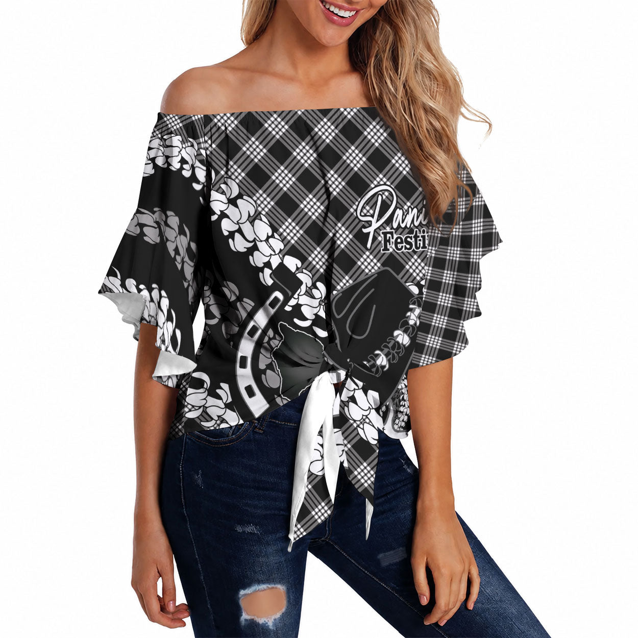 Eleele Hawaii Cowboy Palaka Motifs Personalised Off Shoulder Wrap Waist Top Paniolo Festival Puakenikeni Lei LT14 Black - Polynesian Pride