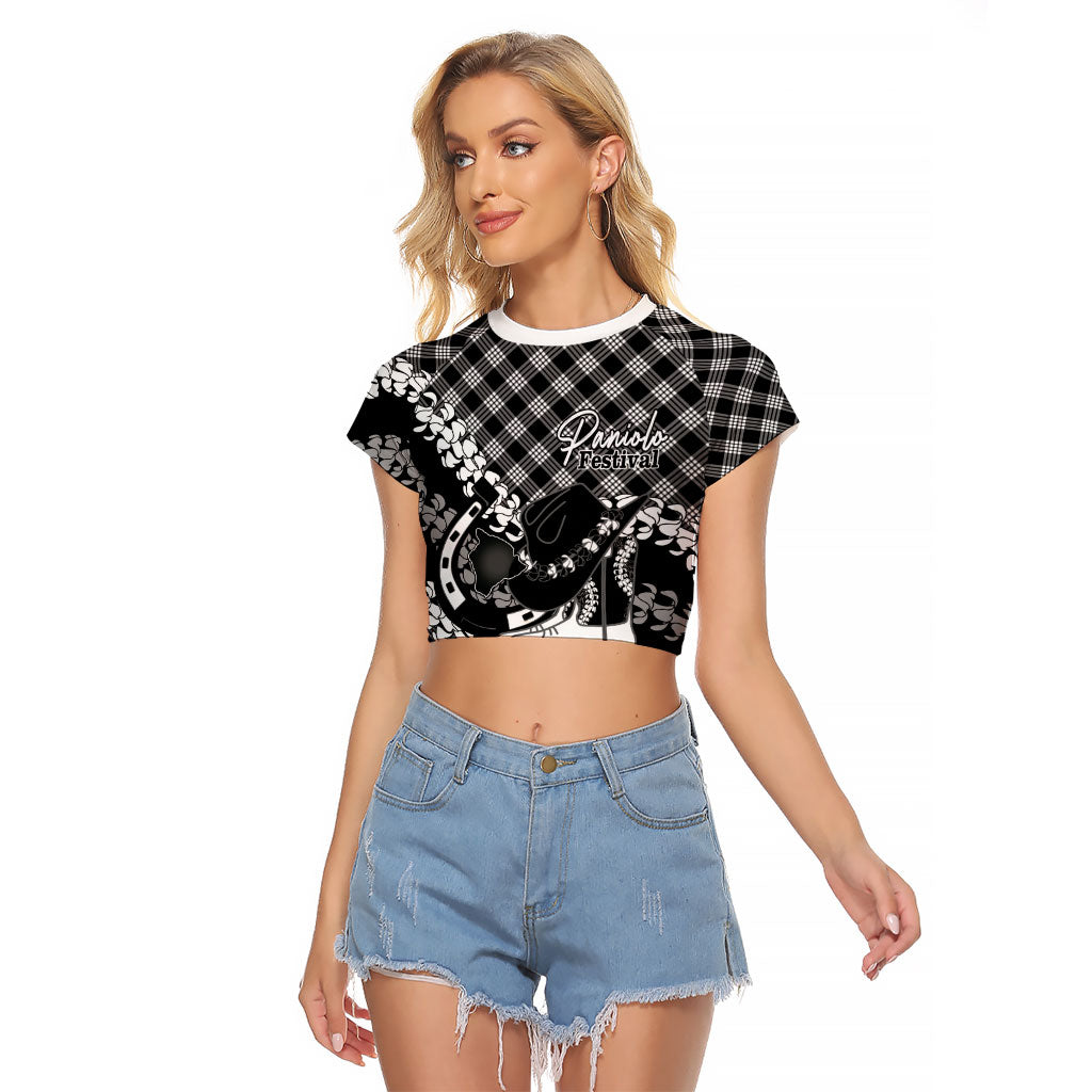 Eleele Hawaii Cowboy Palaka Motifs Personalised Raglan Cropped T Shirt Paniolo Festival Puakenikeni Lei LT14 Female Black - Polynesian Pride
