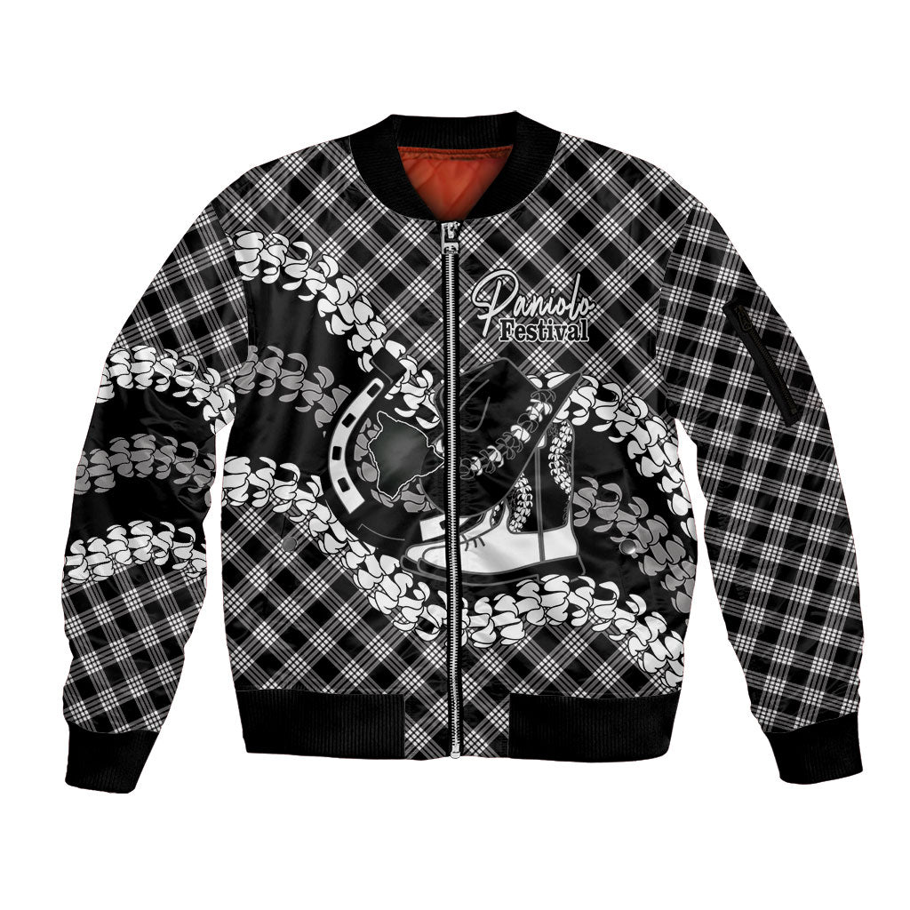 Eleele Hawaii Cowboy Palaka Motifs Personalised Sleeve Zip Bomber Jacket Paniolo Festival Puakenikeni Lei LT14 Unisex Black - Polynesian Pride