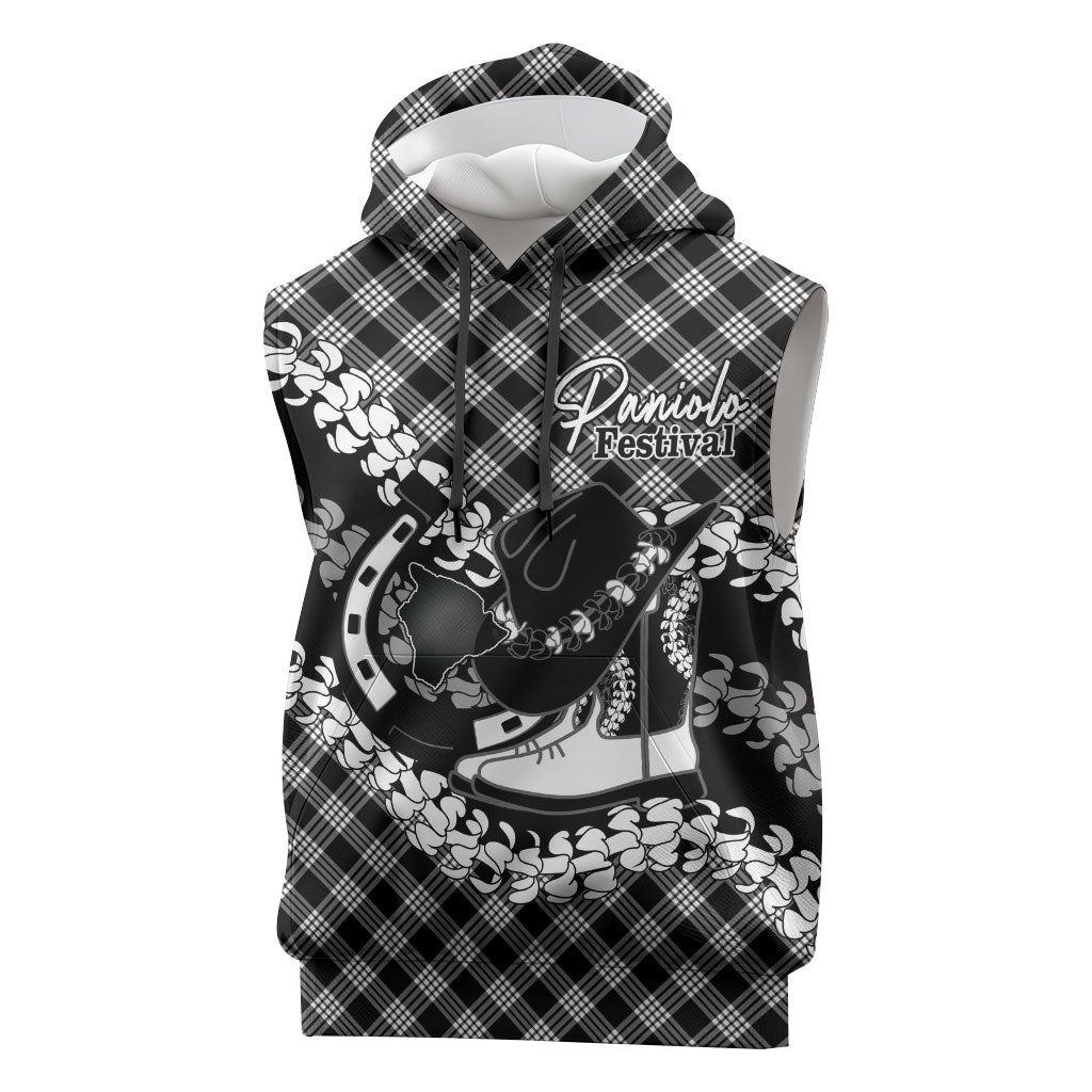 Eleele Hawaii Cowboy Palaka Motifs Personalised Sleeveless Hoodie Paniolo Festival Puakenikeni Lei LT14 Black - Polynesian Pride