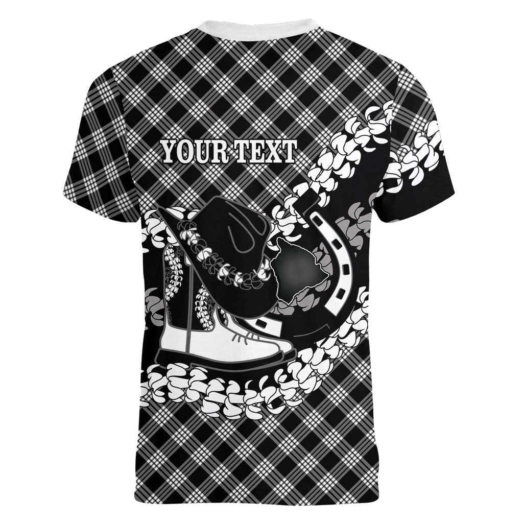 Eleele Hawaii Cowboy Palaka Motifs Personalised Women V-Neck T-Shirt Paniolo Festival Puakenikeni Lei LT14 - Polynesian Pride