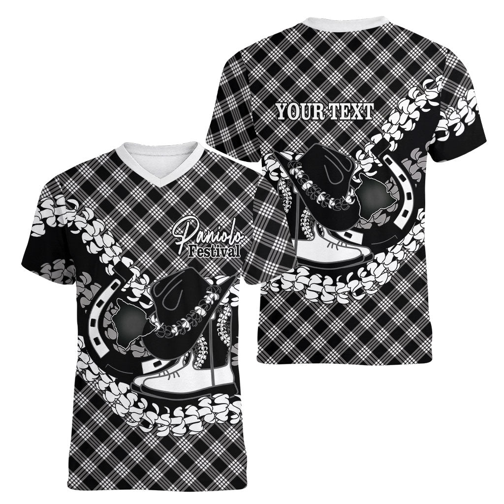 Eleele Hawaii Cowboy Palaka Motifs Personalised Women V-Neck T-Shirt Paniolo Festival Puakenikeni Lei LT14 - Polynesian Pride