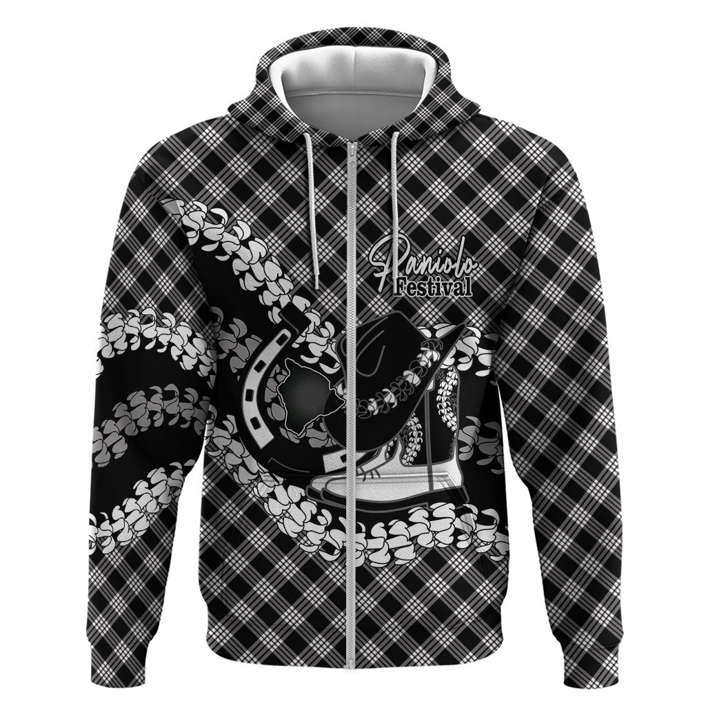 Eleele Hawaii Cowboy Palaka Motifs Personalised Zip Hoodie Paniolo Festival Puakenikeni Lei LT14 Zip Hoodie Black - Polynesian Pride