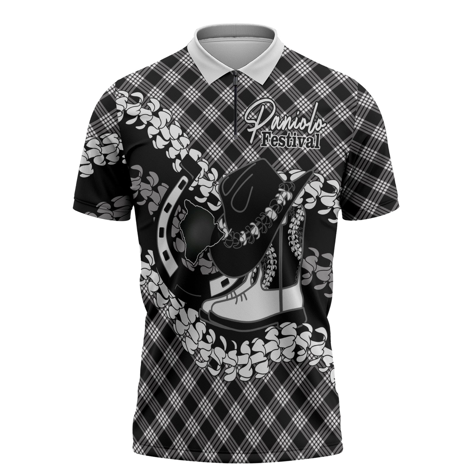 Eleele Hawaii Cowboy Palaka Motifs Personalised Zipper Polo Shirt Paniolo Festival Puakenikeni Lei LT14 Black - Polynesian Pride