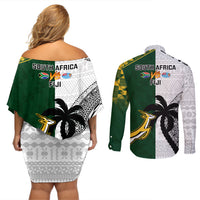 South Africa And Fiji Rugby Couples Matching Off Shoulder Short Dress and Long Sleeve Button Shirts 2023 World Cup Fijian Tapa With Kente Pattern LT14 - Polynesian Pride