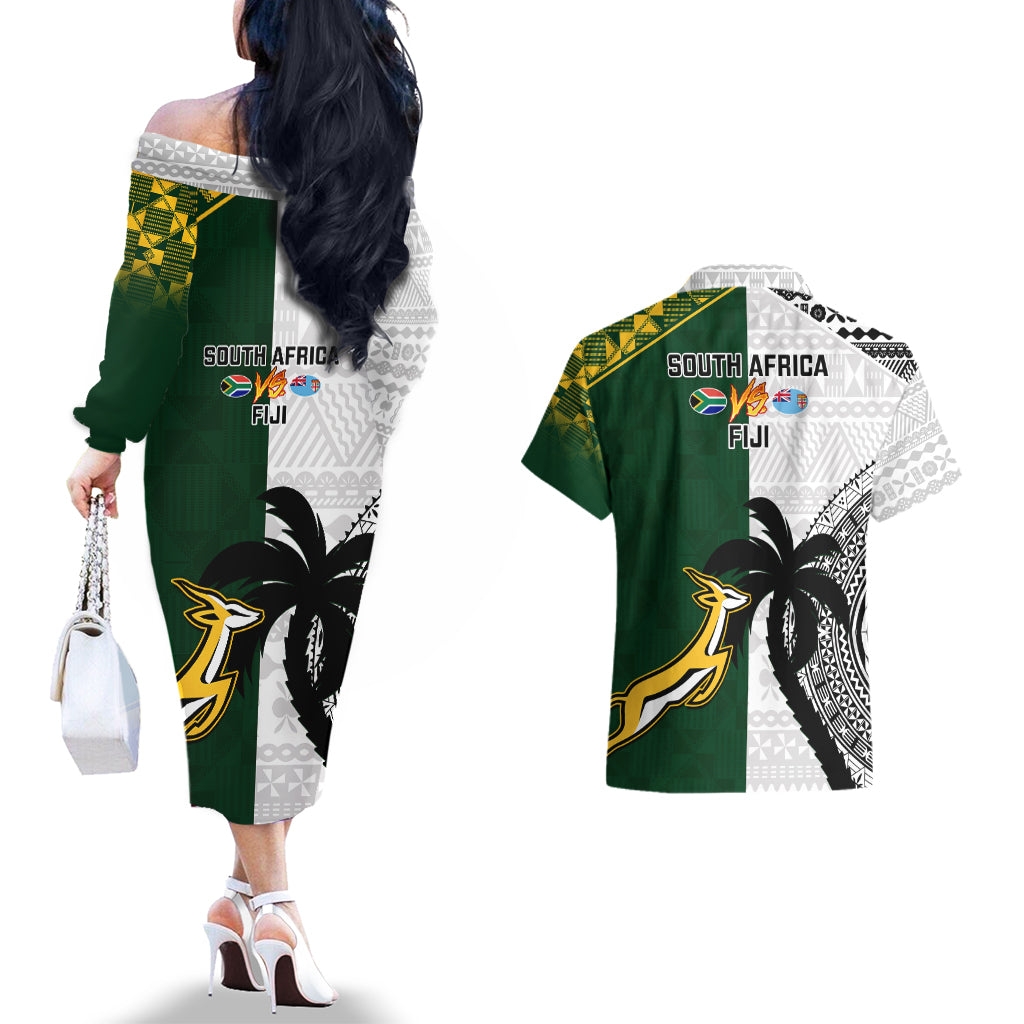 South Africa And Fiji Rugby Couples Matching Off The Shoulder Long Sleeve Dress and Hawaiian Shirt 2023 World Cup Fijian Tapa With Kente Pattern LT14 - Polynesian Pride