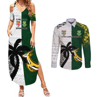 South Africa And Fiji Rugby Couples Matching Summer Maxi Dress and Long Sleeve Button Shirts 2023 World Cup Fijian Tapa With Kente Pattern LT14 Green - Polynesian Pride