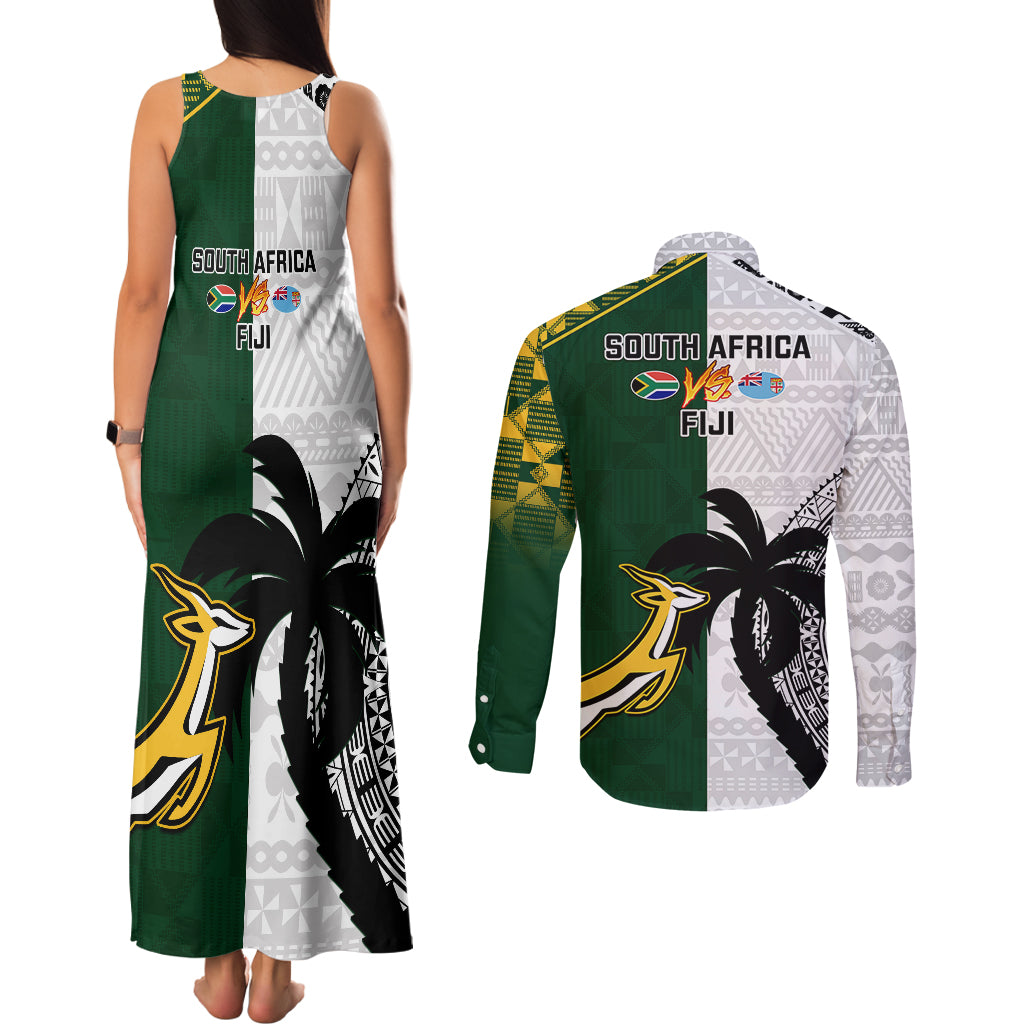 South Africa And Fiji Rugby Couples Matching Tank Maxi Dress and Long Sleeve Button Shirts 2023 World Cup Fijian Tapa With Kente Pattern LT14 - Polynesian Pride