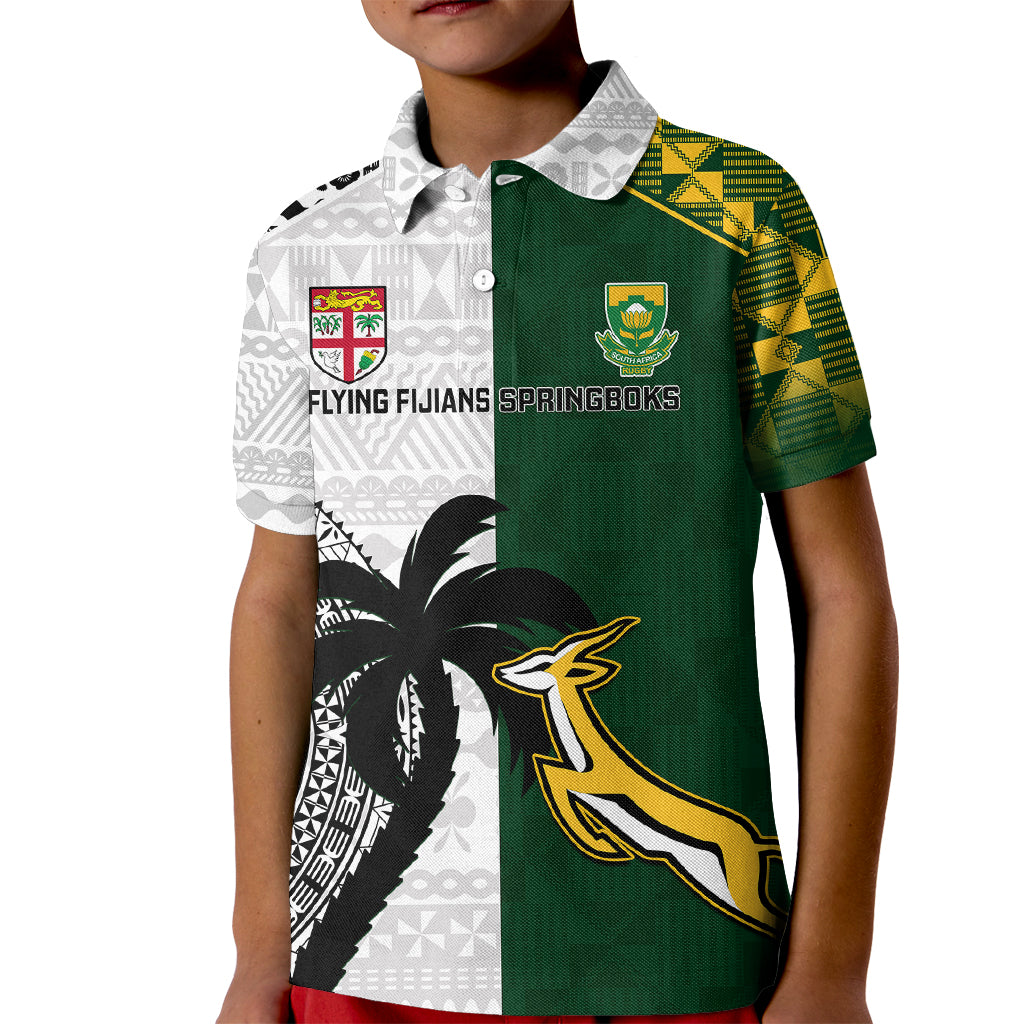 South Africa And Fiji Rugby Kid Polo Shirt 2023 World Cup Fijian Tapa With Kente Pattern LT14 Kid Green - Polynesian Pride