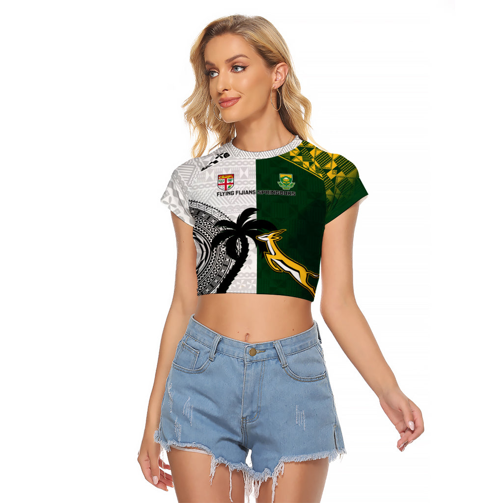 South Africa And Fiji Rugby Raglan Cropped T Shirt 2023 World Cup Fijian Tapa With Kente Pattern LT14 Female Green - Polynesian Pride