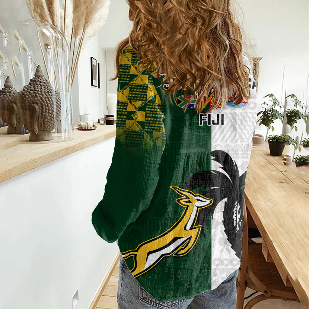 South Africa And Fiji Rugby Women Casual Shirt 2023 World Cup Fijian Tapa With Kente Pattern LT14 - Polynesian Pride