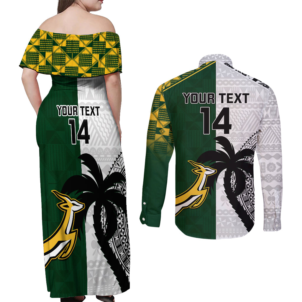 Custom South Africa And Fiji Rugby Couples Matching Off Shoulder Maxi Dress and Long Sleeve Button Shirts 2023 World Cup Fijian Tapa With Kente Pattern LT14 - Polynesian Pride