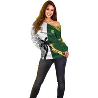 Custom South Africa And Fiji Rugby Off Shoulder Sweater 2023 World Cup Fijian Tapa With Kente Pattern LT14 - Polynesian Pride