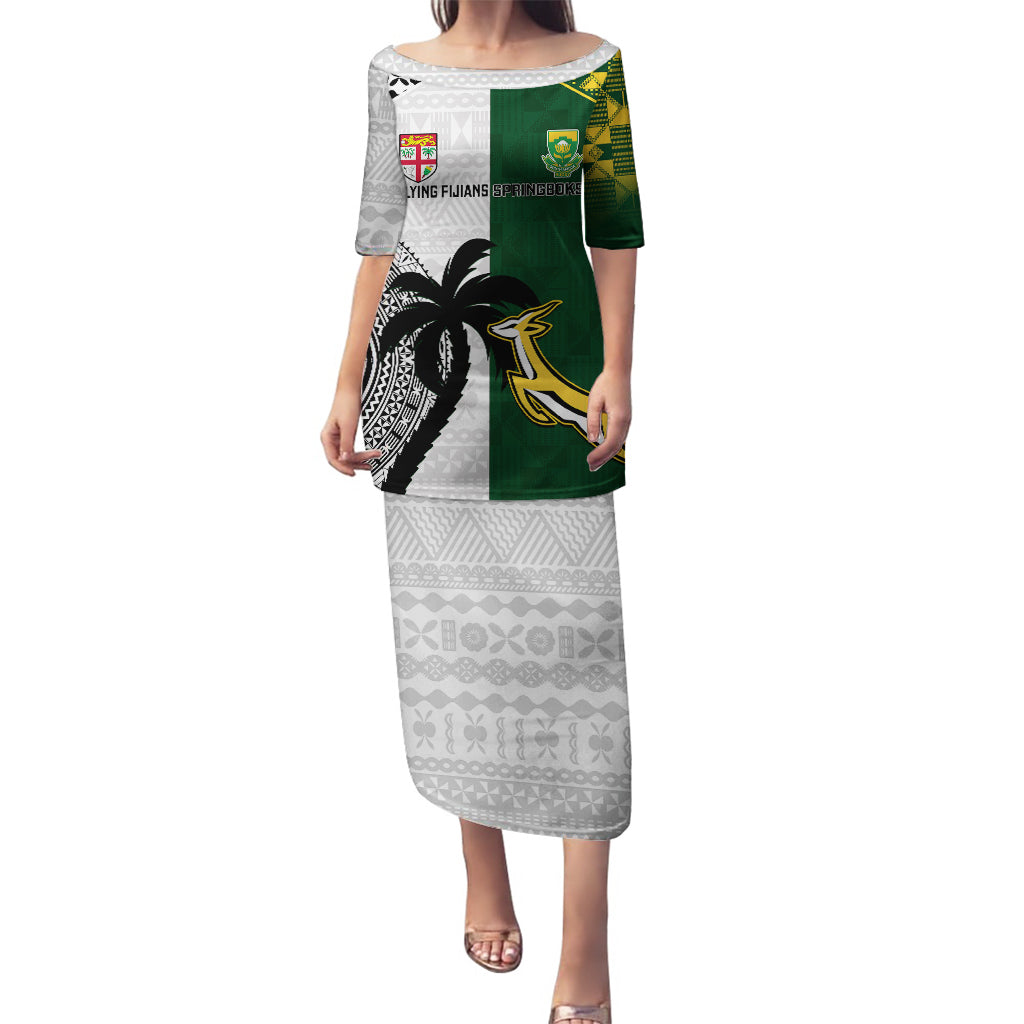 Custom South Africa And Fiji Rugby Puletasi 2023 World Cup Fijian Tapa With Kente Pattern LT14 Long Dress Green - Polynesian Pride