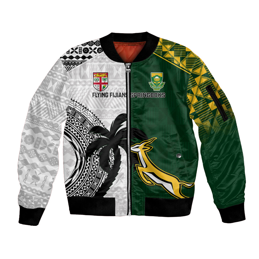 Custom South Africa And Fiji Rugby Sleeve Zip Bomber Jacket 2023 World Cup Fijian Tapa With Kente Pattern LT14 Unisex Green - Polynesian Pride
