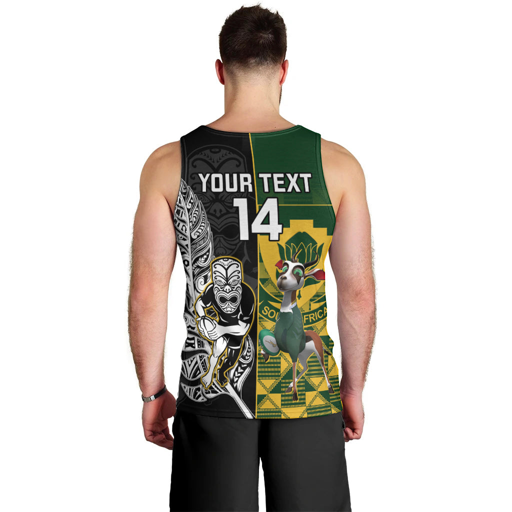 Custom South Africa And Aotearoa Rugby Men Tank Top 2023 Springboks Kente Combine All Black Maori Fern LT14 - Polynesian Pride