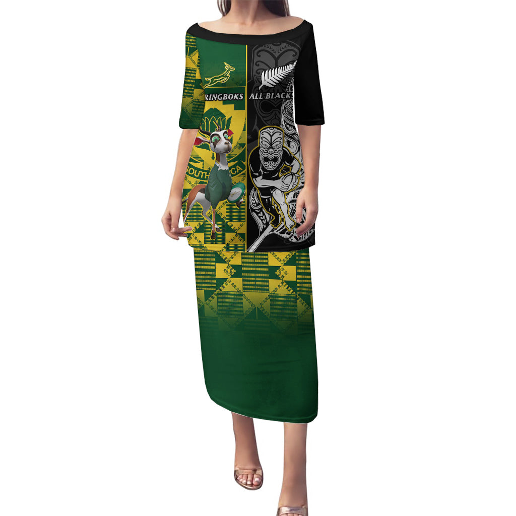 Custom South Africa And Aotearoa Rugby Puletasi 2023 Springboks Kente Combine All Black Maori Fern LT14 Long Dress Green - Polynesian Pride