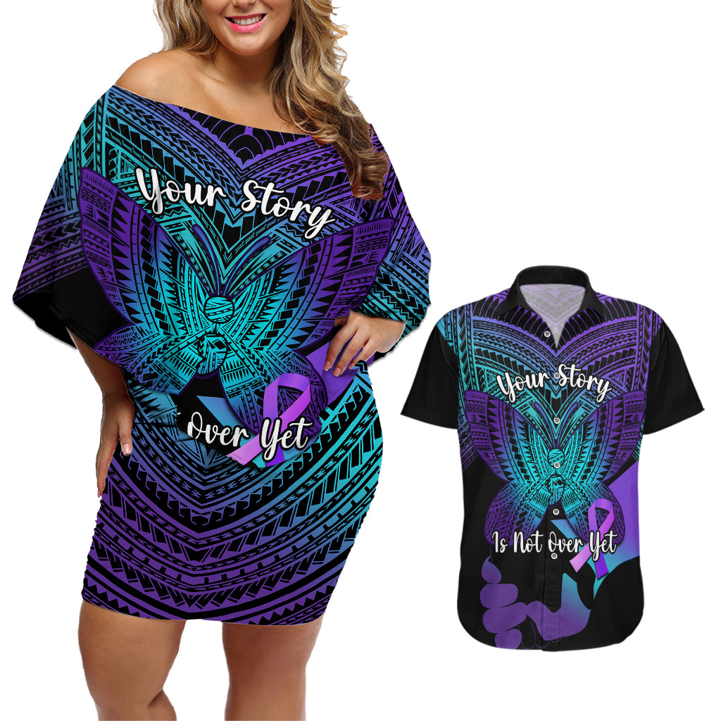 Suicide Awareness Your Story Is Not Over Yet Couples Matching Off Shoulder Short Dress and Hawaiian Shirt Polynesian Butterfly Tattoo LT14 Purple - Polynesian Pride