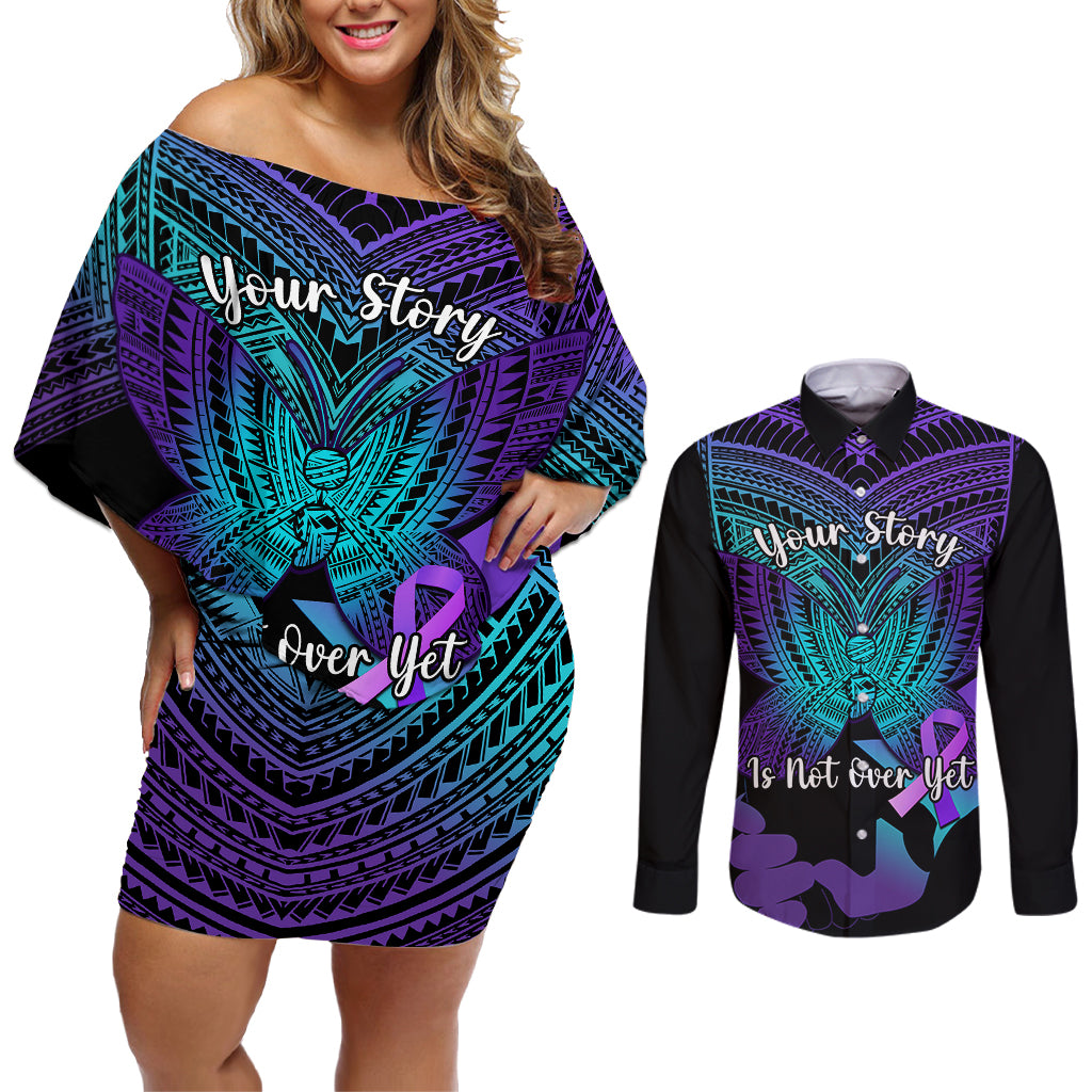 Suicide Awareness Your Story Is Not Over Yet Couples Matching Off Shoulder Short Dress and Long Sleeve Button Shirts Polynesian Butterfly Tattoo LT14 Purple - Polynesian Pride