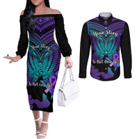 Suicide Awareness Your Story Is Not Over Yet Couples Matching Off The Shoulder Long Sleeve Dress and Long Sleeve Button Shirts Polynesian Butterfly Tattoo LT14 Purple - Polynesian Pride
