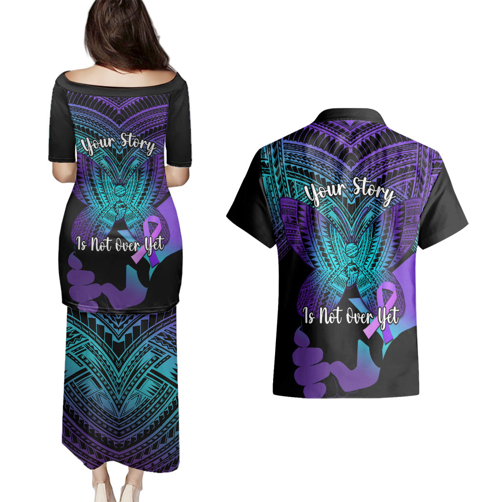 Suicide Awareness Your Story Is Not Over Yet Couples Matching Puletasi Dress and Hawaiian Shirt Polynesian Butterfly Tattoo LT14 - Polynesian Pride