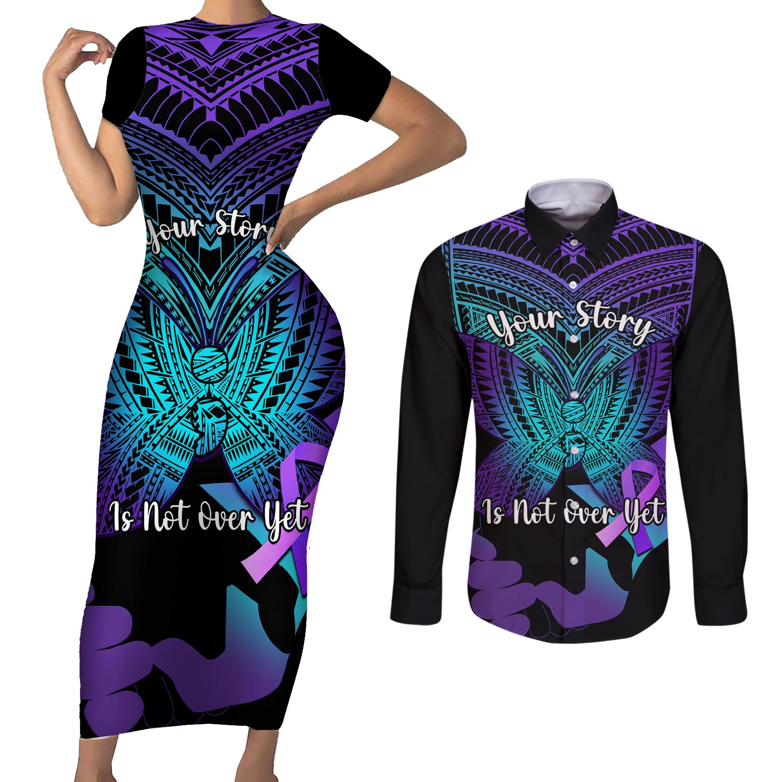 Suicide Awareness Your Story Is Not Over Yet Couples Matching Short Sleeve Bodycon Dress and Long Sleeve Button Shirts Polynesian Butterfly Tattoo LT14 Purple - Polynesian Pride