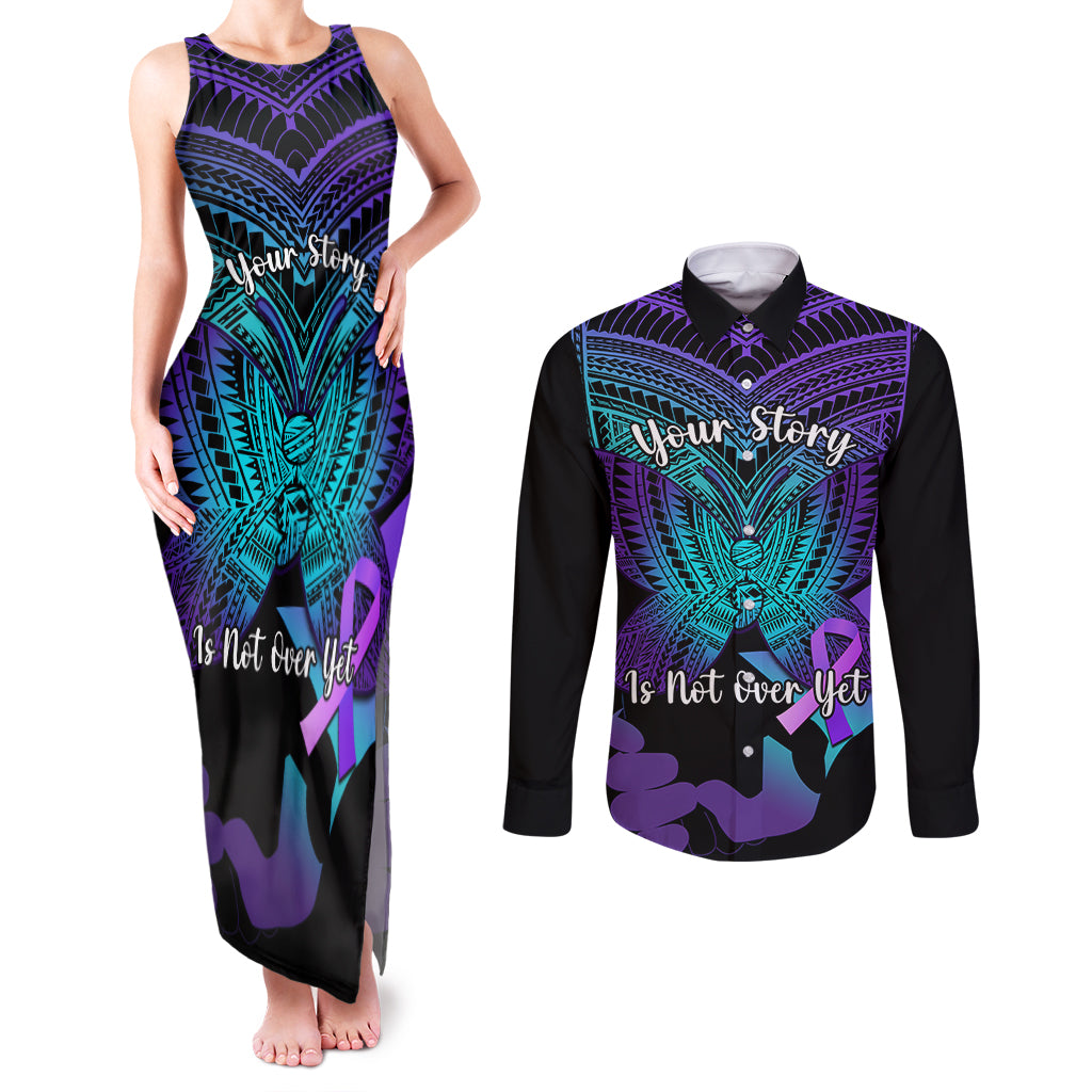 Suicide Awareness Your Story Is Not Over Yet Couples Matching Tank Maxi Dress and Long Sleeve Button Shirts Polynesian Butterfly Tattoo LT14 Purple - Polynesian Pride