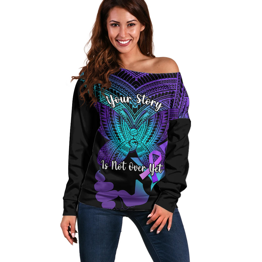 Suicide Awareness Your Story Is Not Over Yet Off Shoulder Sweater Polynesian Butterfly Tattoo LT14 Women Purple - Polynesian Pride