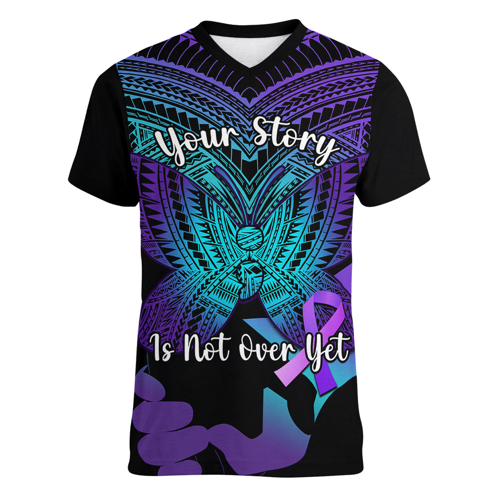 Suicide Awareness Your Story Is Not Over Yet Women V Neck T Shirt Polynesian Butterfly Tattoo LT14 Female Purple - Polynesian Pride