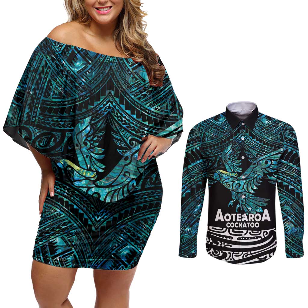 New Zealand Sulphur-crested Cockatoo Couples Matching Off Shoulder Short Dress and Long Sleeve Button Shirt Aotearoa Maori Mix Paua Shell LT14 Turquoise - Polynesian Pride