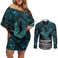 New Zealand Sulphur-crested Cockatoo Couples Matching Off Shoulder Short Dress and Long Sleeve Button Shirt Aotearoa Maori Mix Paua Shell LT14 Turquoise - Polynesian Pride
