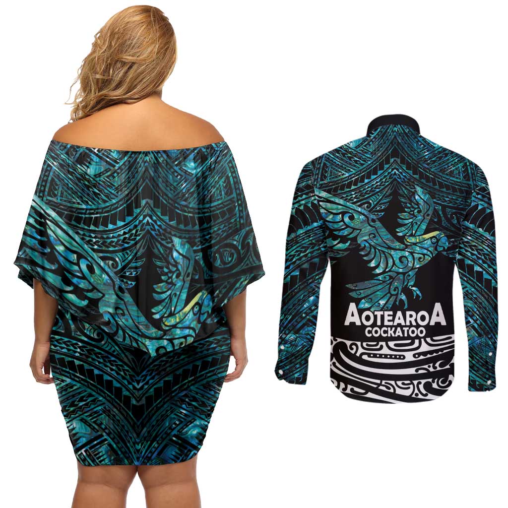 New Zealand Sulphur-crested Cockatoo Couples Matching Off Shoulder Short Dress and Long Sleeve Button Shirt Aotearoa Maori Mix Paua Shell LT14 - Polynesian Pride