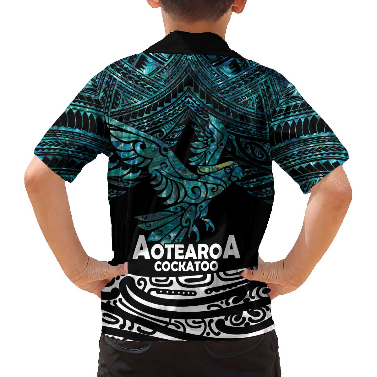 New Zealand Sulphur-crested Cockatoo Family Matching Off The Shoulder Long Sleeve Dress and Hawaiian Shirt Aotearoa Maori Mix Paua Shell