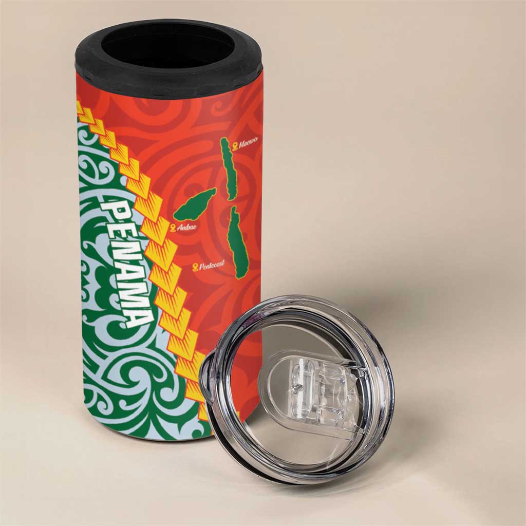 Penama Province 4 in 1 Can Cooler Tumbler Vanuatu Pattern Map With Plumeria Flag Color