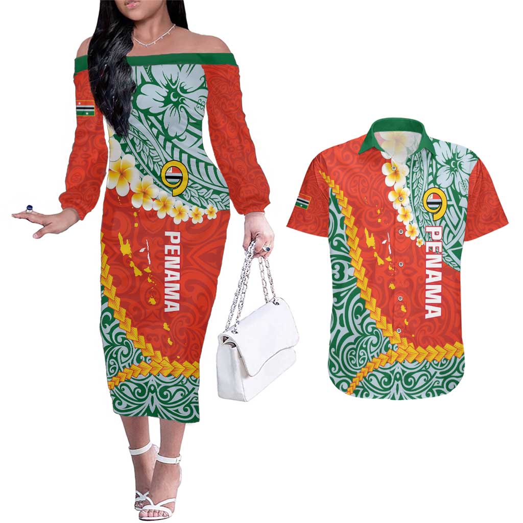 Penama Province Couples Matching Off The Shoulder Long Sleeve Dress and Hawaiian Shirt Vanuatu Map - Plumeria Flag Color