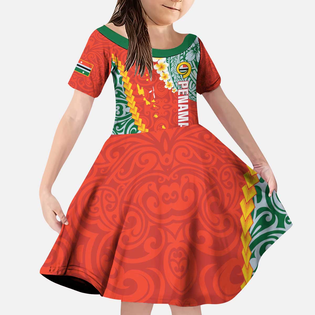 Penama Province Kid Short Sleeve Dress Vanuatu Map - Plumeria Flag Color