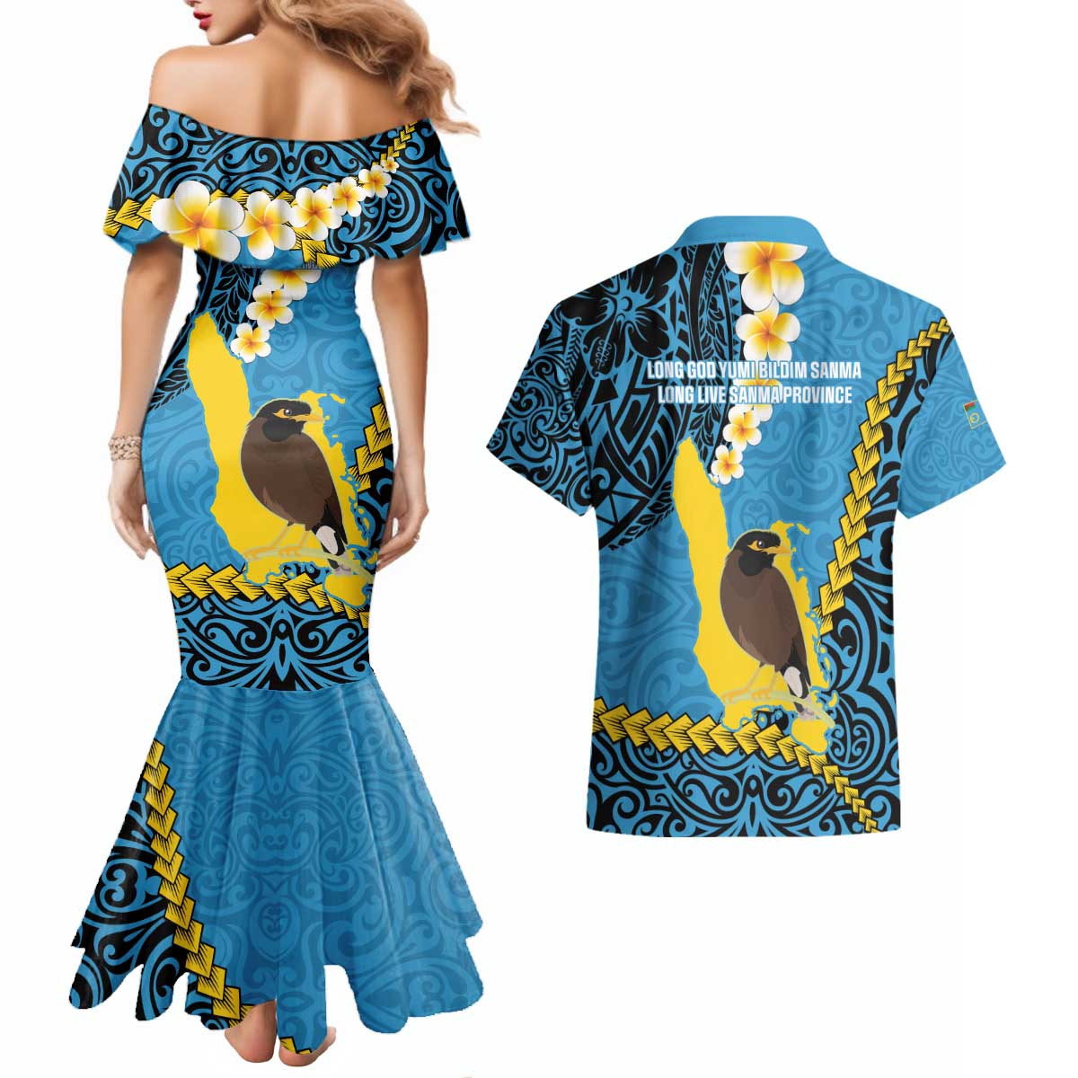 Sanma Province Couples Matching Mermaid Dress and Hawaiian Shirt Vanuatu Pattern Myna Bird - Plumeria Flag Color