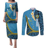Sanma Province Couples Matching Puletasi and Long Sleeve Button Shirt Vanuatu Pattern Myna Bird - Plumeria Flag Color