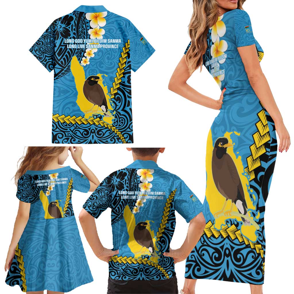 Sanma Province Family Matching Short Sleeve Bodycon Dress and Hawaiian Shirt Vanuatu Pattern Myna Bird - Plumeria Flag Color