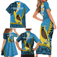Sanma Province Family Matching Short Sleeve Bodycon Dress and Hawaiian Shirt Vanuatu Pattern Myna Bird - Plumeria Flag Color