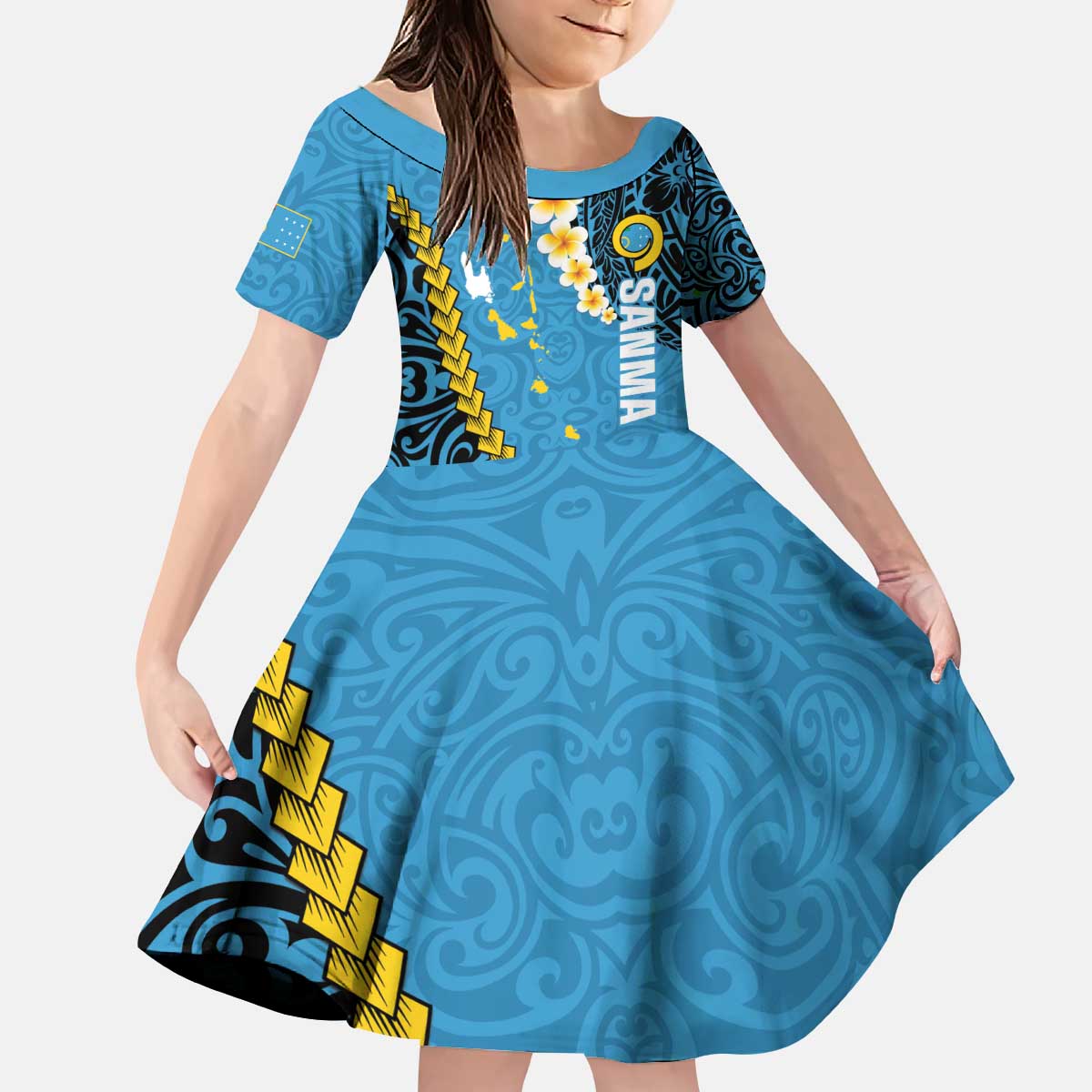 Sanma Province Kid Short Sleeve Dress Vanuatu Pattern Myna Bird - Plumeria Flag Color