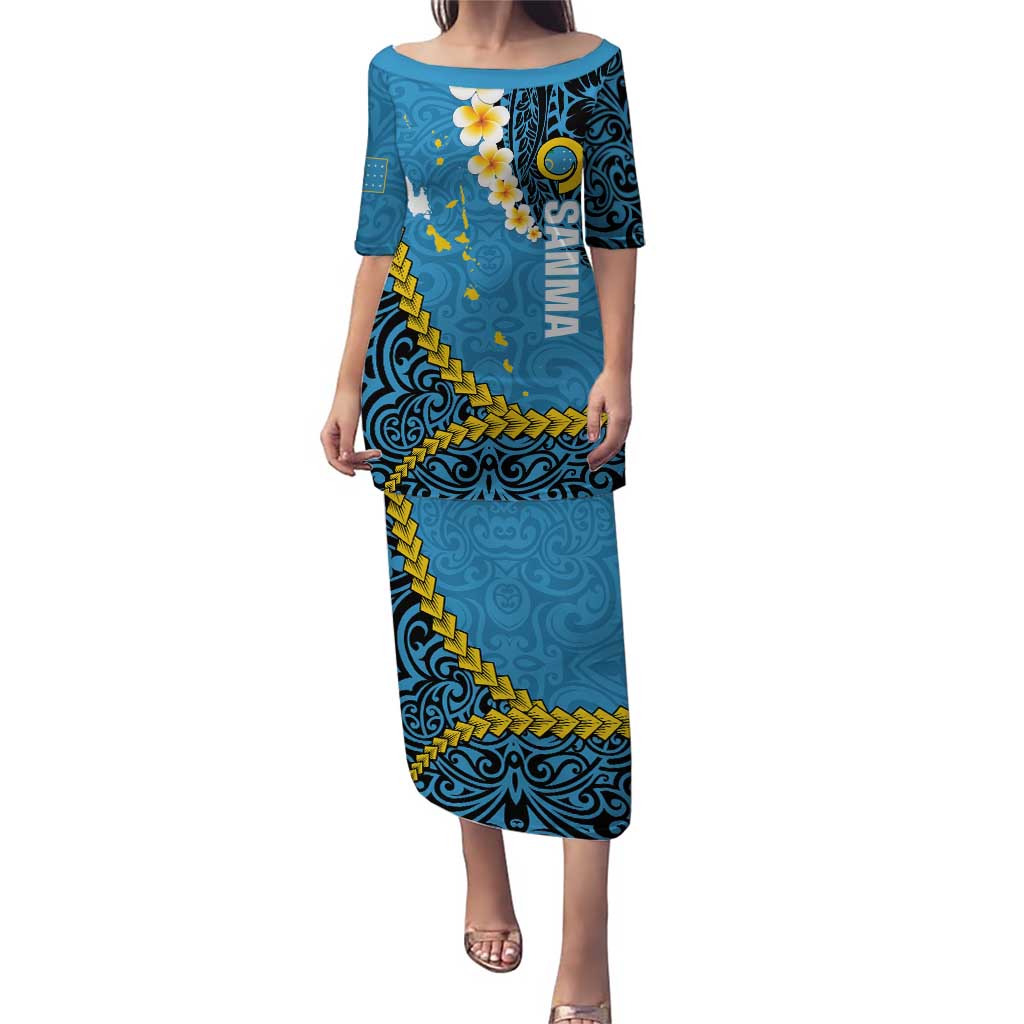 Sanma Province Puletasi Vanuatu Pattern Myna Bird - Plumeria Flag Color