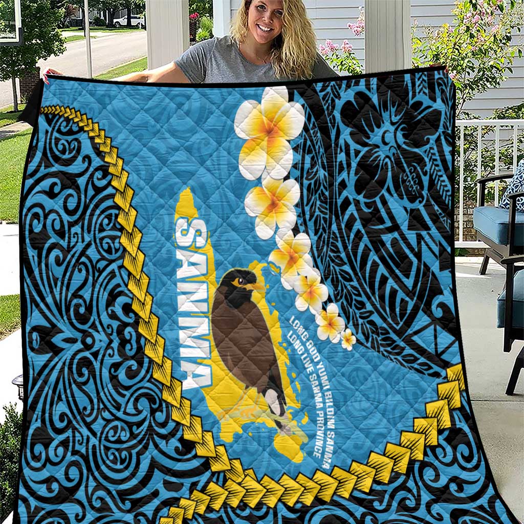 Sanma Province Quilt Vanuatu Pattern Myna Bird - Plumeria Flag Color LT14 Blue - Polynesian Pride