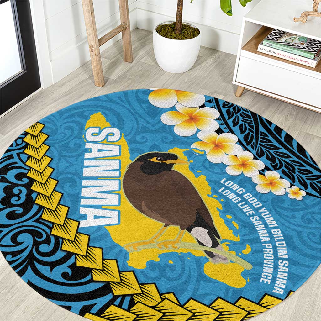Sanma Province Round Carpet Vanuatu Pattern Myna Bird - Plumeria Flag Color LT14 Blue - Polynesian Pride