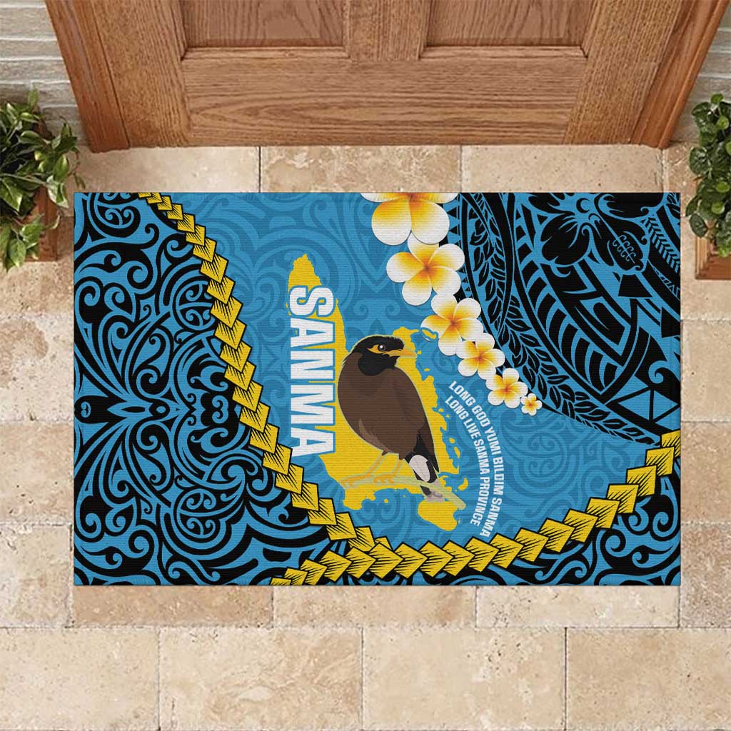 Sanma Province Rubber Doormat Vanuatu Pattern Myna Bird - Plumeria Flag Color LT14 Blue - Polynesian Pride
