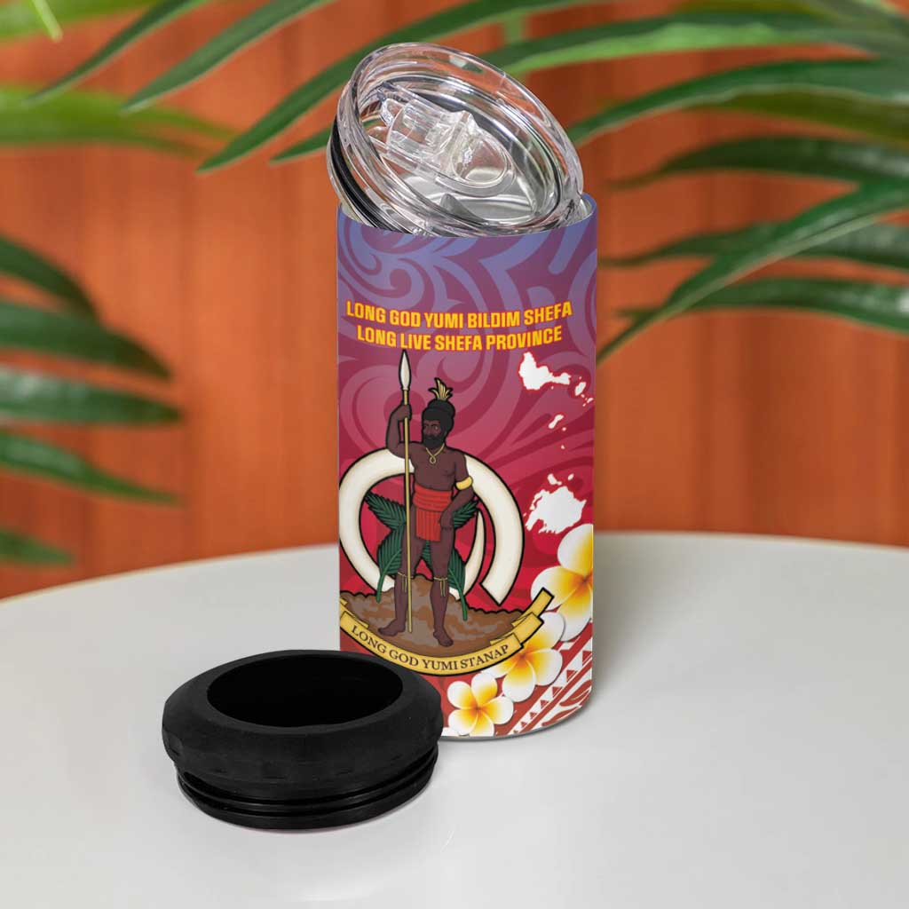 Shefa Province 4 in 1 Can Cooler Tumbler Vanuatu Pattern Map With Plumeria Flag Color