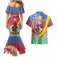 Shefa Province Couples Matching Mermaid Dress and Hawaiian Shirt Vanuatu Pattern Map - Plumeria Flag Color